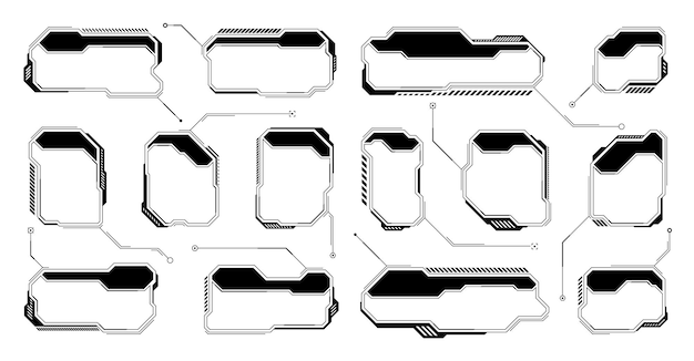 Zwarte futuristische HUD- of UI-elementen Scifi-gebruikersinterface tekstvakken oproepen Waarschuwingsberichten frames informatievakken sjabloon Moderne spelinterface lay-out in digitale stijl Vector-illustratie