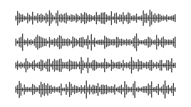 Vector zwarte geluidsgolfbalken ingesteld. muziek, podcast, voorbeelden van audiotracks of spraakberichten. equalizer-elementen