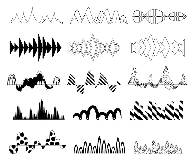 Zwarte geluidsgolven instellen audio digitale equalizer technologie muzikale puls vector illustraties op een witte achtergrond stem lijn golfvorm volume niveau symbool