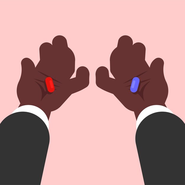 Zwarte Handen Met Rode En Blauwe Pillen Geïsoleerd Op Transparante Achtergrond
