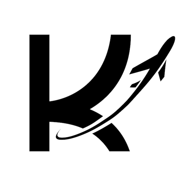 Zwarte hoofdletter K pictogram met een vliegtuig op een witte achtergrond