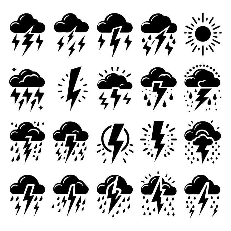 Vector zwarte iconen van donderlicht op een witte achtergrond