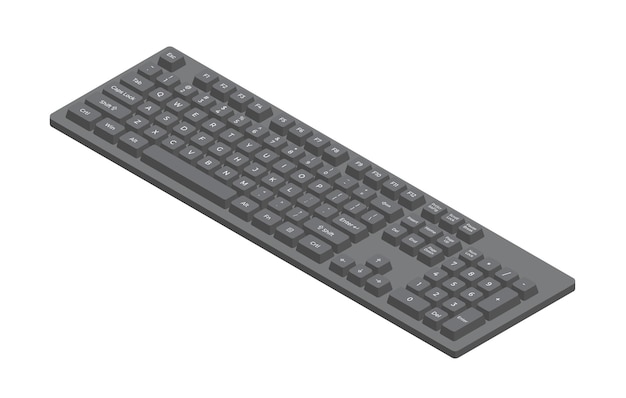 Zwarte isometrische toetsenbord met letters en numpad in minimalistische volumetrische stijl Illustratie van het toetsenbord in eenvoudige moderne stijl