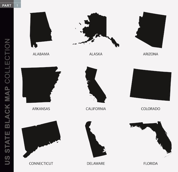 Vector zwarte kaartverzameling van amerikaanse staten zwarte contourkaarten verzameling van amerikaanse staatskaarten deel 1