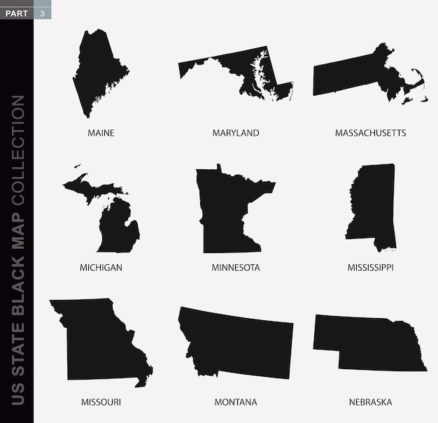 Vector zwarte kaartverzameling van amerikaanse staten zwarte contourkaarten verzameling van amerikaanse staatskaarten deel 3