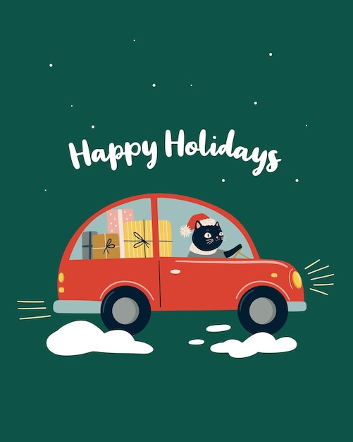 Zwarte kat draagt geschenken in een rode auto. Kerstmis en Nieuwjaar illustratie, wenskaart