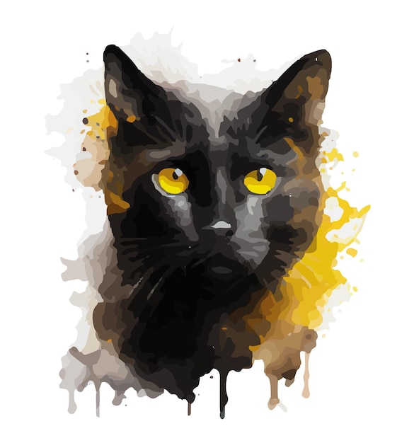 Zwarte kat met blauwe, groene, paarse, rode, gele ogen, illustratie, aquarel, vector
