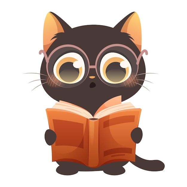 Zwarte kat met bril leest boek getekend schattig kitten Vector illustratie op witte achtergrond