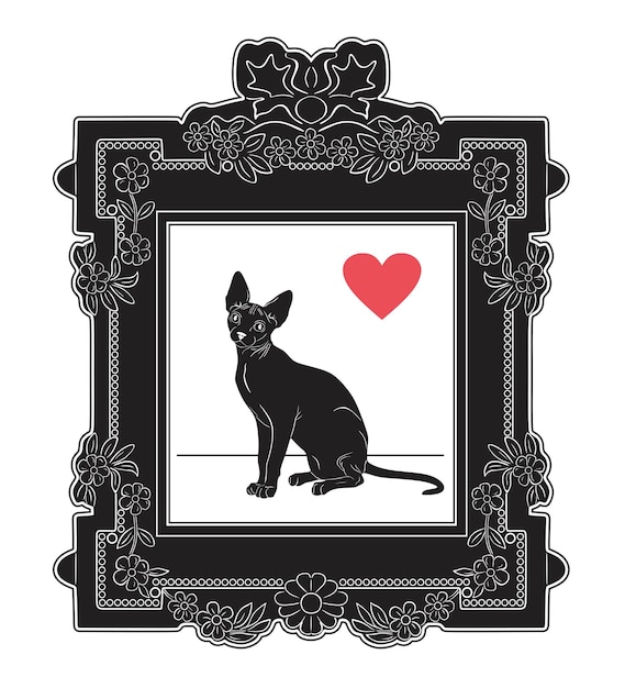 Zwarte kat met rood hart en oud frame 3 handgemaakte schetskunst