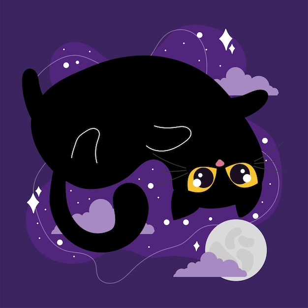 Zwarte kat ondersteboven bij volle maan en wolken vector