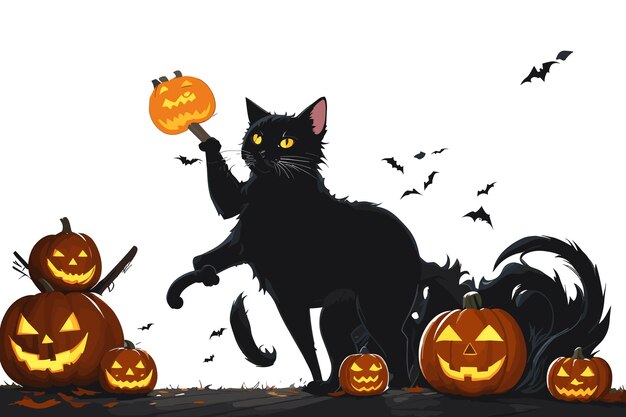 Zwarte kat zit op een pompoenlantaarn halloween vectorillustratie in vlakke stijl