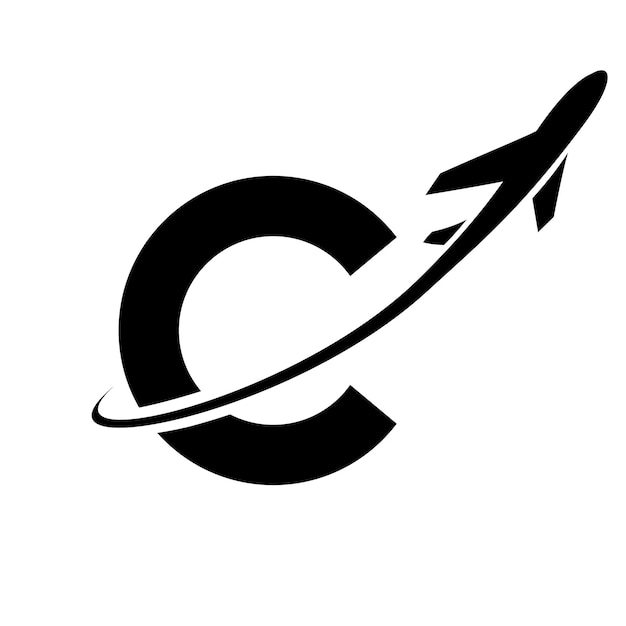 Zwarte kleine letter C pictogram met een vliegtuig op een witte achtergrond