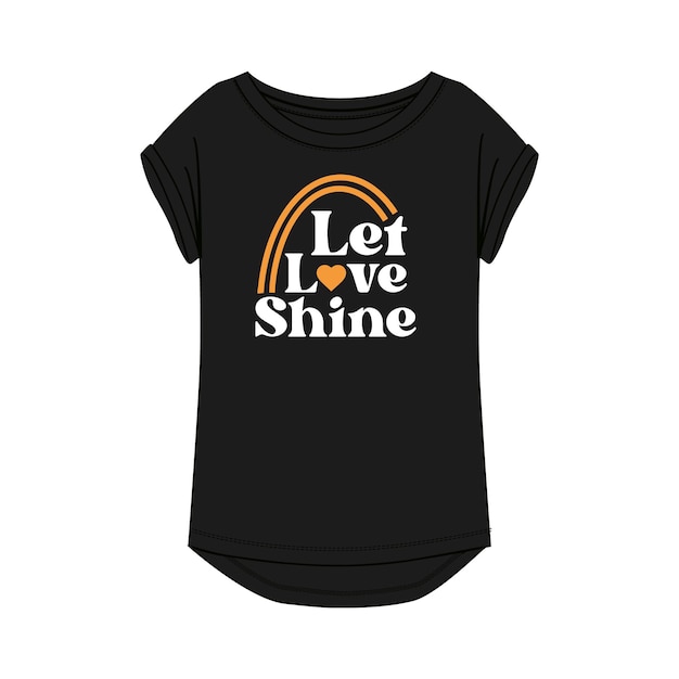 Zwarte kleur dames t-shirt met let love shine typography design borst print vector illustratie