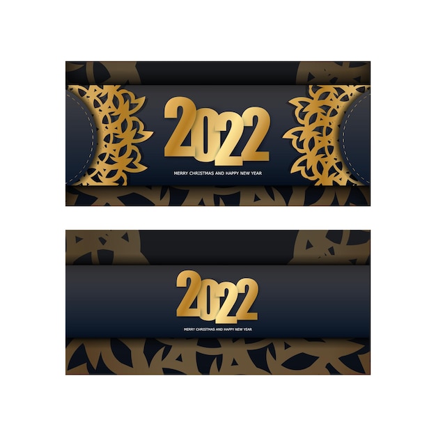 Zwarte kleur gelukkig nieuwjaar flyer sjabloon 2022 met winter gouden patroon