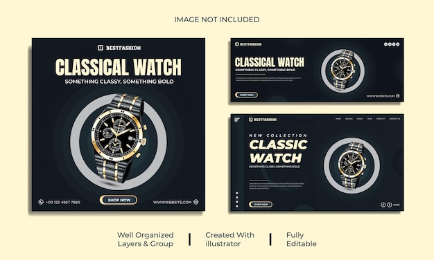 Zwarte kleur klassiek horloge merkproduct Social media facebook omslag of bannersjabloon Premium Psd