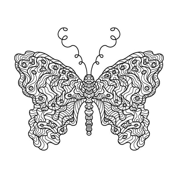 Zwarte kleurplaat vlinder doodle. Omtrek contour tekening. Vector lijn illustratie