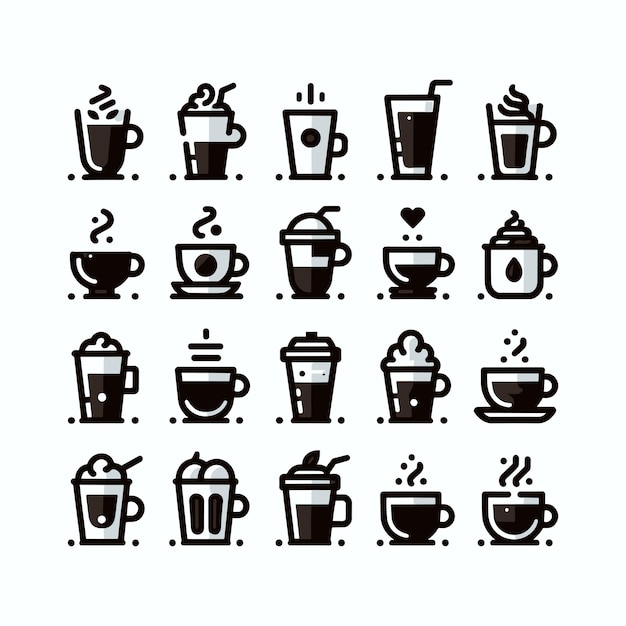 Zwarte koffiekopjes in verschillende maten met vetterige vormen Vector-iconen in platte cartoon-stijl Geïsoleerd