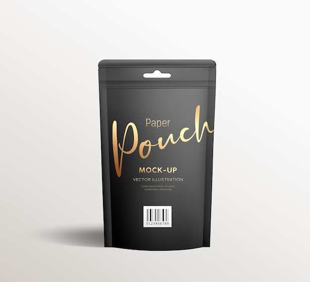 Zwarte kraft papieren zakzakken, vooraanzicht verpakking mock up sjabloonontwerp, op grijze achtergrond