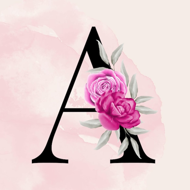 Zwarte letter A lettertype romantische typografie met roze aquarel bloemenachtergrond