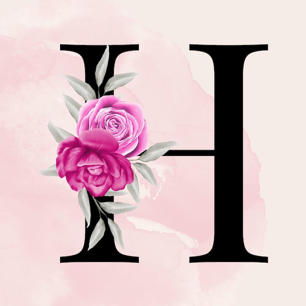 Zwarte letter h lettertype romantische typografie met roze aquarel bloemenachtergrond