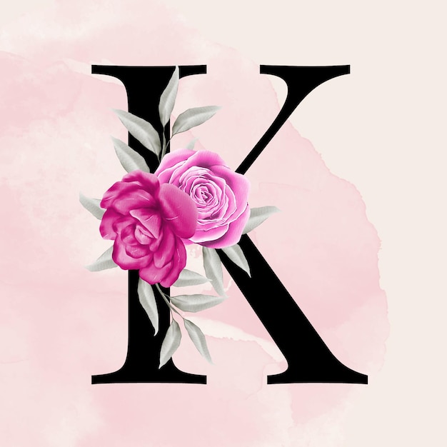 Zwarte letter k lettertype romantische typografie met roze aquarel bloemenachtergrond