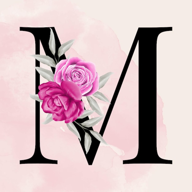 Zwarte letter m lettertype romantische typografie met roze aquarel bloemenachtergrond