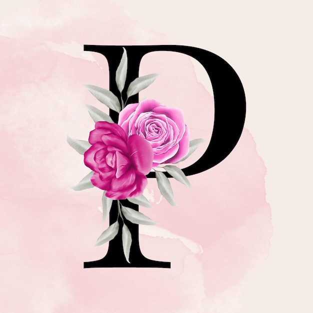 Vector zwarte letter p lettertype romantische typografie met roze aquarel bloemenachtergrond