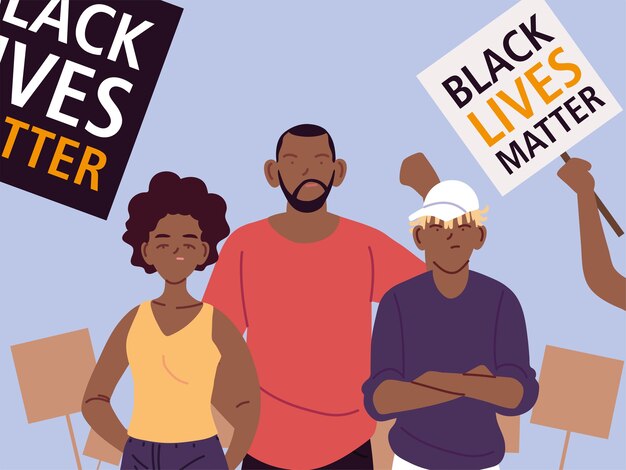 Vector zwarte levens zijn belangrijk met cartoons van moeder vader zoon en banners ontwerp van protest rechtvaardigheid en racisme thema illustratie