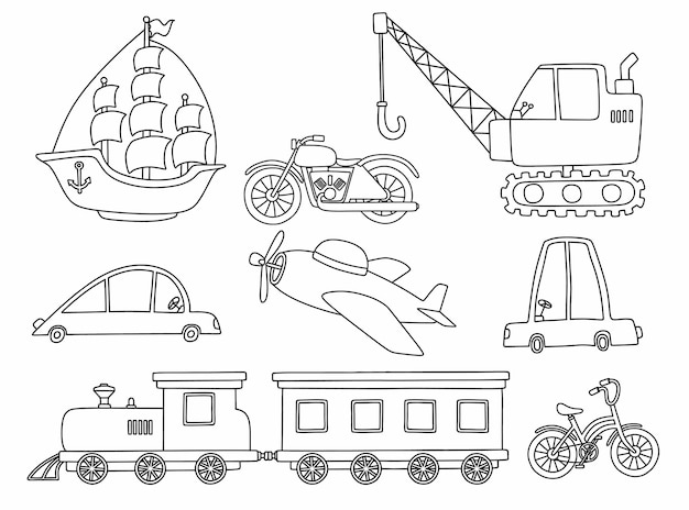 Zwarte lijn doodle set van schattig transport