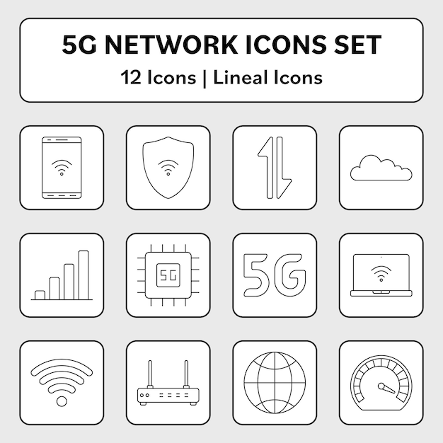 Zwarte lineaire afbeelding van 5g-netwerk 12 pictogrammen of symbolen ingesteld op grijze vierkante achtergrond