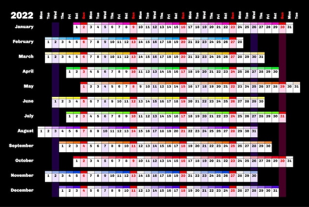 Zwarte lineaire kalender 2022 met kleurcodering voor dagen en maanden.