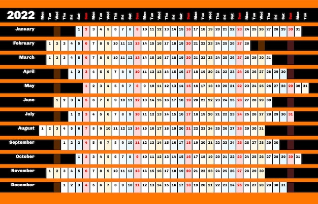 Zwarte lineaire kalender 2022 met kleurcodering voor dagen en maanden.