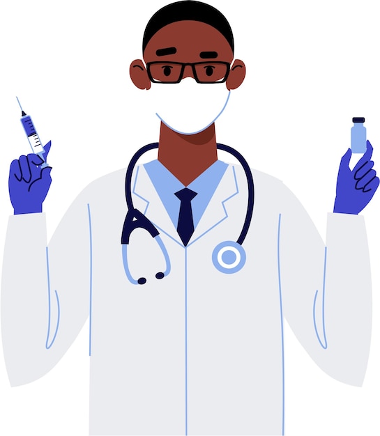 Zwarte mannelijke arts in masker met covid-vaccin en spuit