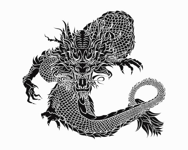 Zwarte massieve traditionele Chinese of Japanse draak in handgetekende stijl geïsoleerd op witte achtergrond
