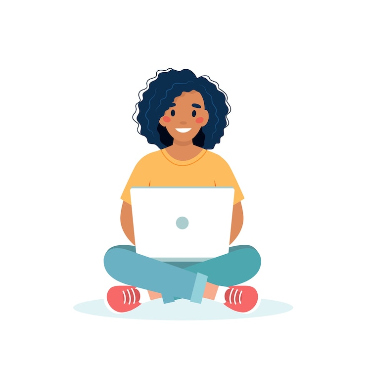 Vector zwarte met een laptop werkend, student of extern werkconcept