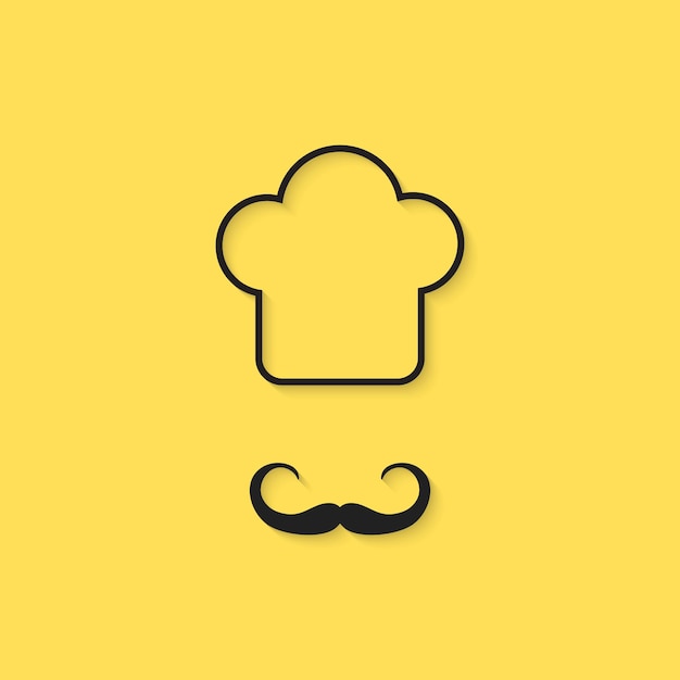 Zwarte omtrek chef-kok pictogram. concept van hoofddeksels, retro badge, hobby, elegant, kostuum, postzegel, haute cuisine. geïsoleerd op gele achtergrond. vlakke stijl trend moderne chef-kok logo ontwerp vectorillustratie