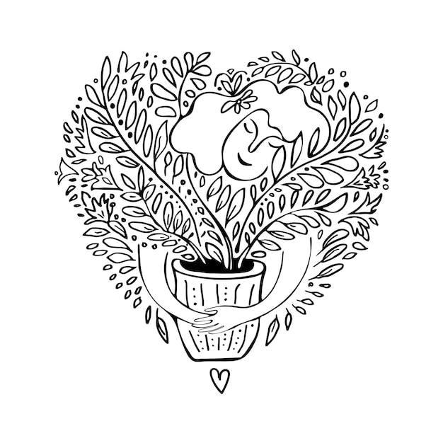 Zwarte omtrek doodle tekening met vrouw knuffelen favoriete kamerplanten in bloempot geïsoleerd op wit