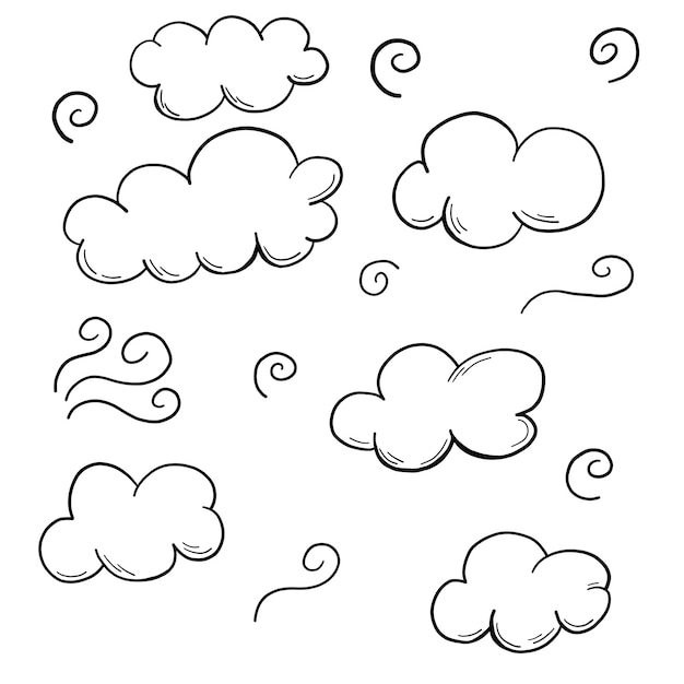 Zwarte omtrek doodle wolken bezet met swirls