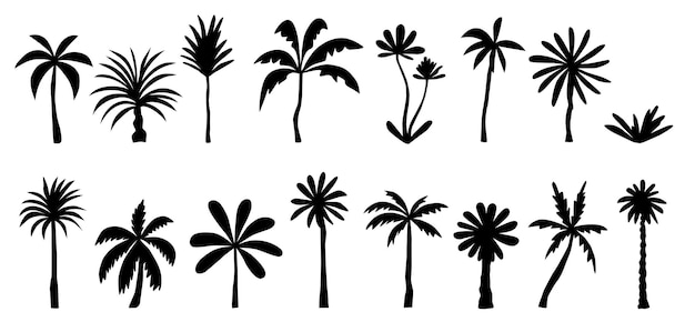 Vector zwarte palmbomen set geïsoleerd op witte achtergrond palm silhouetten ontwerp van palmbomen voor poster