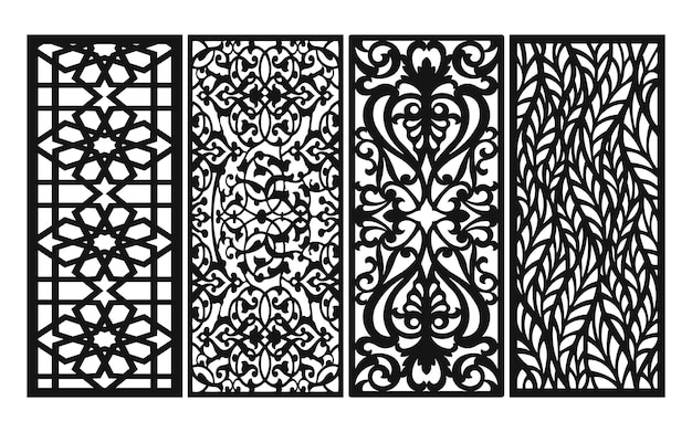 Zwarte patronen met witte achtergrond, islamitische vectoren met bloemenpanelen voor CNC lasersnijden