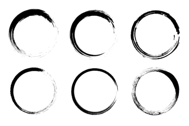 Zwarte penseelstreek in een cirkel Set van ronde decoratieve cirkel geïsoleerd op witte achtergrond Vector