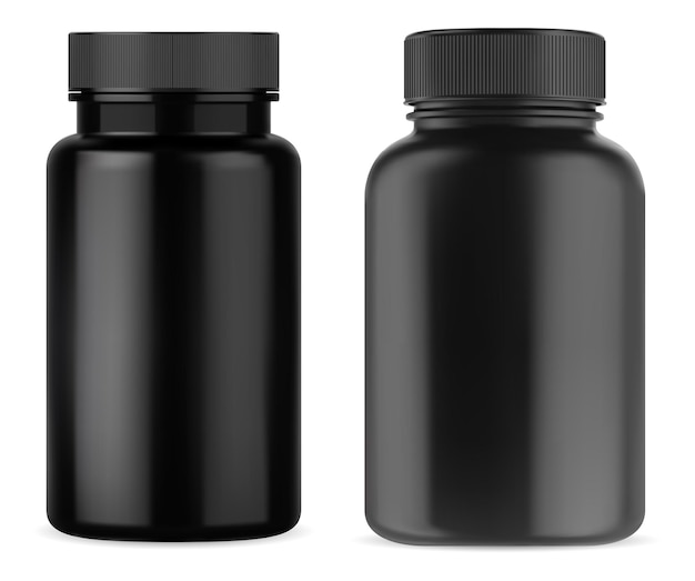 Zwarte pil supplement fles vitamine pot plastic mockup zwarte medicijncontainer met dop