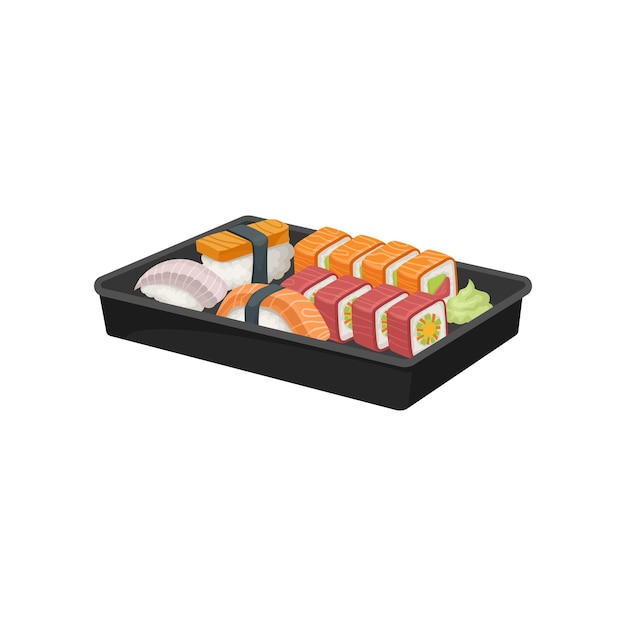 Zwarte plastic dienblad met een set sushi rollen Appetiserende Japanse gerechten Aziatische keuken Kleurrijk grafisch ontwerp voor promo-poster of flyer Vectorillustratie in platte stijl geïsoleerd op witte achtergrond