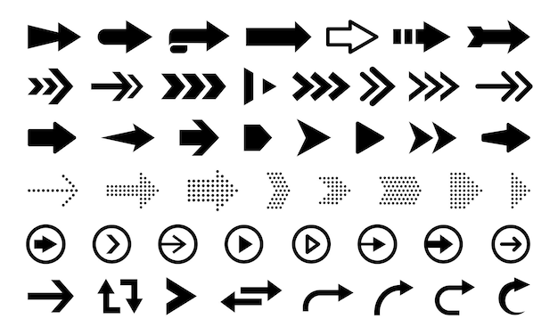 Zwarte platte pijlen en aanwijzers geïsoleerd op witte achtergrond grote vector set