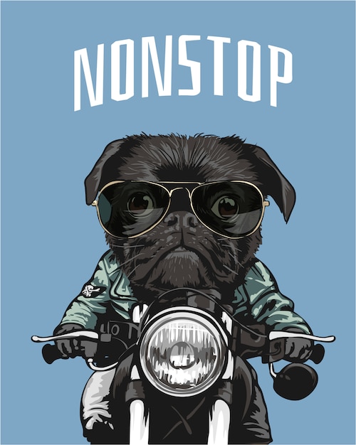 zwarte pug in zonnebril die motorfietsillustratie berijden