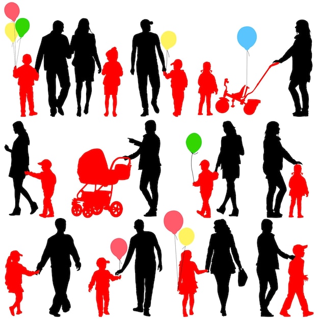 Zwarte reeks silhouetten van ouders en kinderen met ballonnen op witte achtergrond vectorillustratie