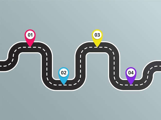 Zwarte roadmap-infografiek met kleurrijk pincode voor bedrijfspresentatie en -strategie