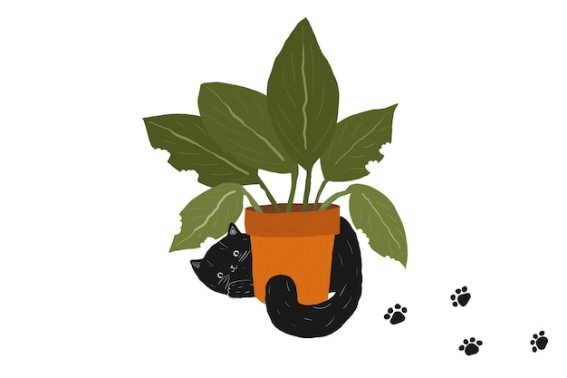Vector zwarte schattige kat en potplant halloween pluizig vet zwart-wit handgetekende kitten kawaii harige
