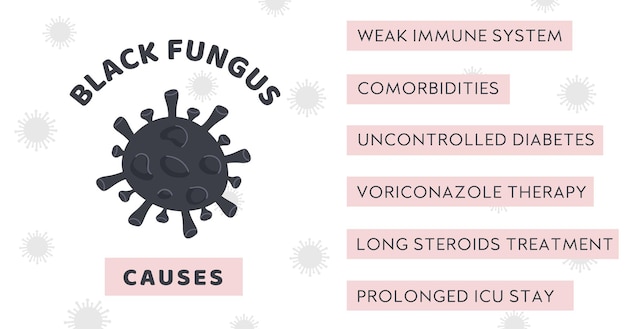 Vector zwarte schimmeluitbraak infographic banner met symptoom van mucormycoseziekte