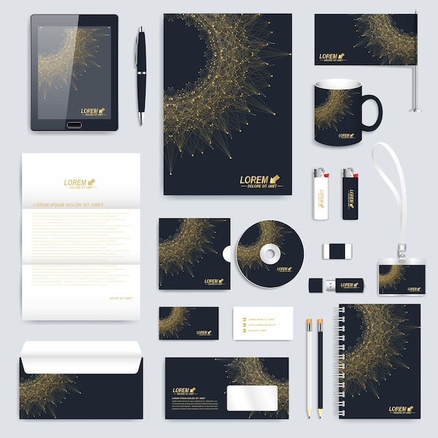 Zwarte set van vector huisstijl sjabloon moderne zakelijke briefpapier mockup medische branding ontwerp molecuul ronde gouden logo molecuul achtergrond geneeskunde wetenschap technologie ontwerp